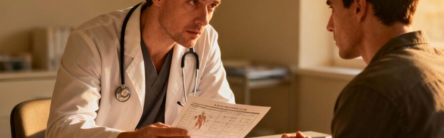 Médecin européen préoccupé analysant un dossier médical avec un patient dans un cadre médical