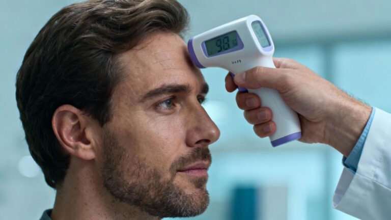 Médecin européen mesurant la température d'un patient avec un thermomètre digital sur le front