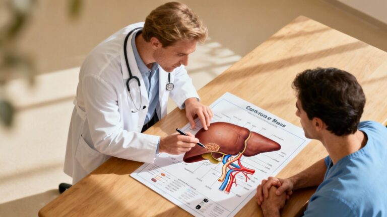 Médecin caucasien examinant un schéma anatomique du foie avec un patient, dans un cadre médical chaleureux
