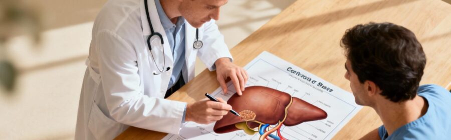 Médecin caucasien examinant un schéma anatomique du foie avec un patient, dans un cadre médical chaleureux