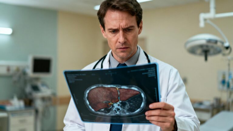 Médecin européen analysant avec attention une imagerie médicale du foie dans un environnement hospitalier