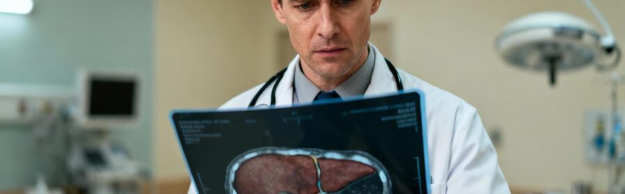 Médecin européen analysant avec attention une imagerie médicale du foie dans un environnement hospitalier