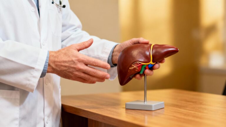 Médecin caucasien expliquant la santé du foie avec un modèle anatomique dans un cabinet médical lumineux