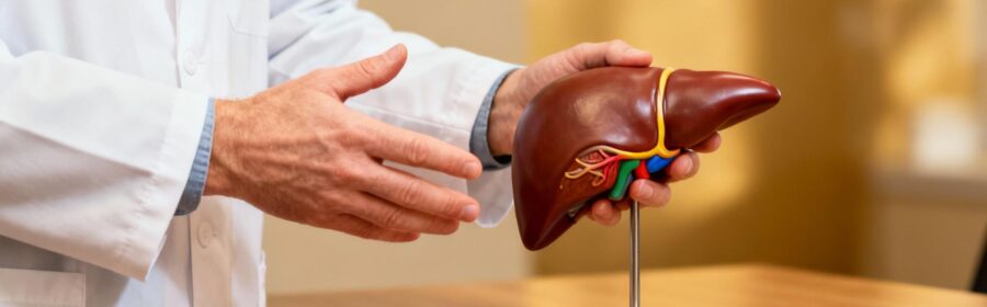 Médecin caucasien expliquant la santé du foie avec un modèle anatomique dans un cabinet médical lumineux