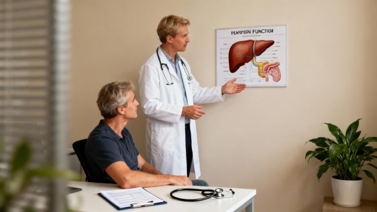 Médecin caucasien explique un graphique sur le foie à un patient européen dans un cabinet médical moderne