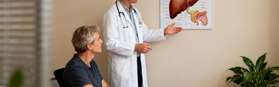 Médecin caucasien explique un graphique sur le foie à un patient européen dans un cabinet médical moderne