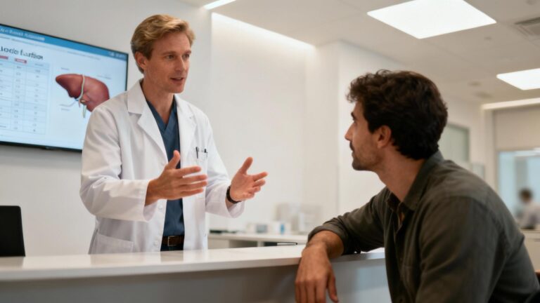 Médecin caucasien expliquant le fonctionnement du foie à un patient dans un cabinet médical moderne