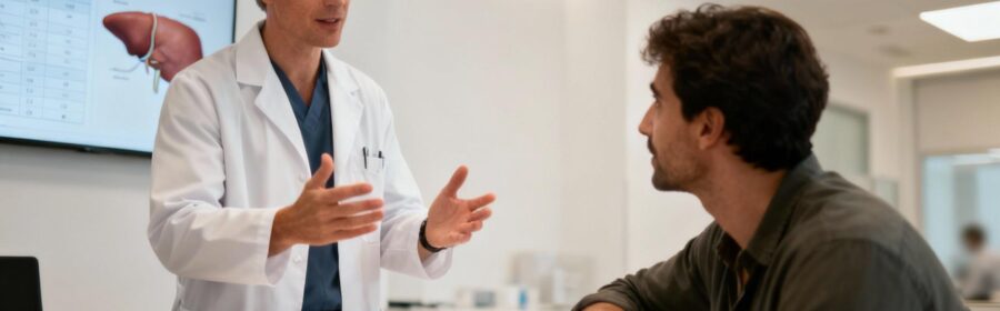 Médecin caucasien expliquant le fonctionnement du foie à un patient dans un cabinet médical moderne