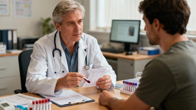 Médecin expliquant les résultats d'analyse de bilirubine à un patient dans un cabinet médical