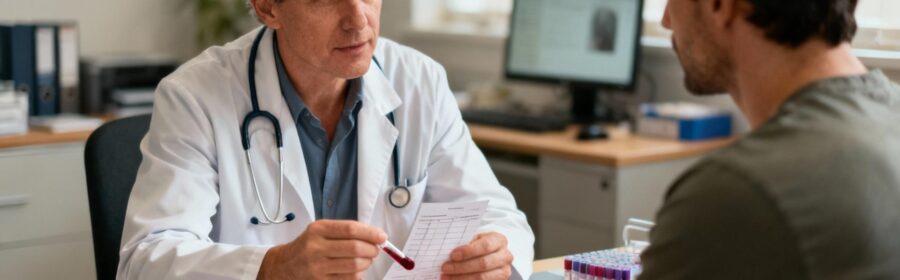 Médecin expliquant les résultats d'analyse de bilirubine à un patient dans un cabinet médical
