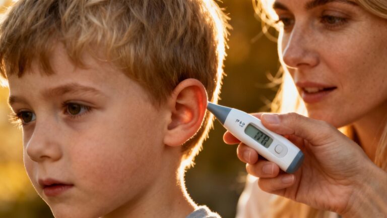 Mère caucasienne utilisant un thermomètre auriculaire pour prendre la température de son enfant dans une pièce bien éclairée