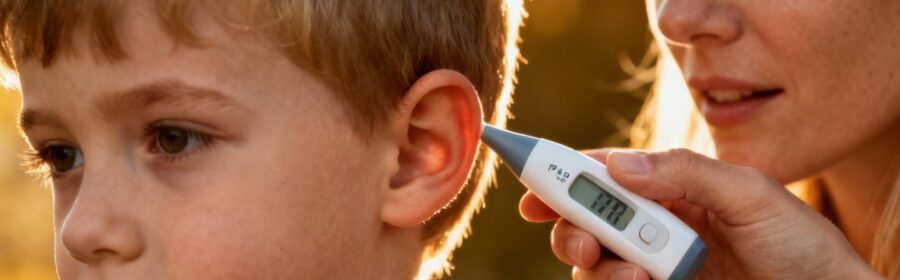 Mère caucasienne utilisant un thermomètre auriculaire pour prendre la température de son enfant dans une pièce bien éclairée