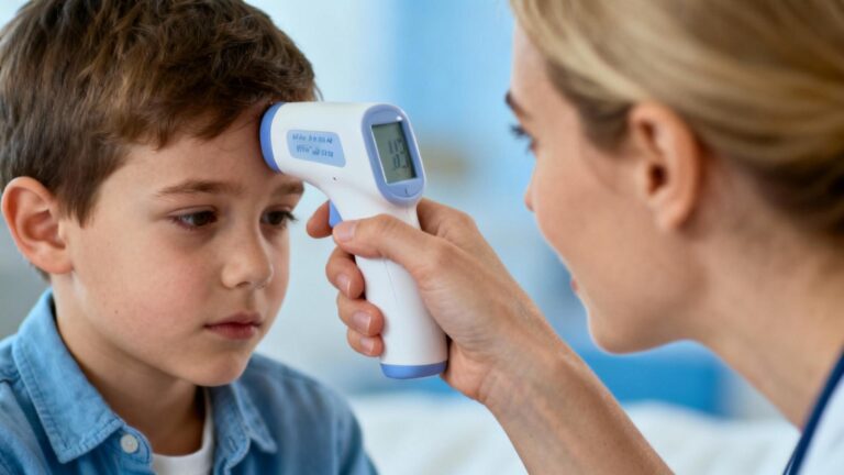 Mère caucasienne vérifiant la température de son enfant avec un thermomètre frontal infrarouge dans une pièce lumineuse