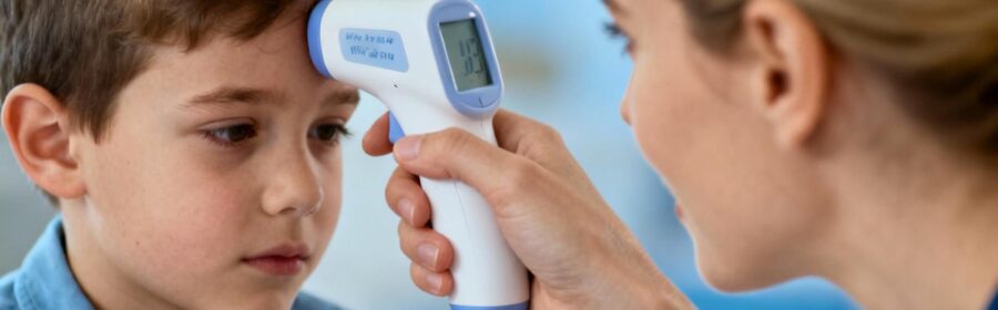 Mère caucasienne vérifiant la température de son enfant avec un thermomètre frontal infrarouge dans une pièce lumineuse