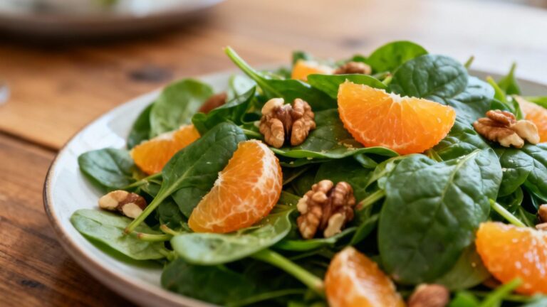 Salade d'épinards frais avec noix et tranches d'agrumes posée sur une table en bois, éclairage naturel