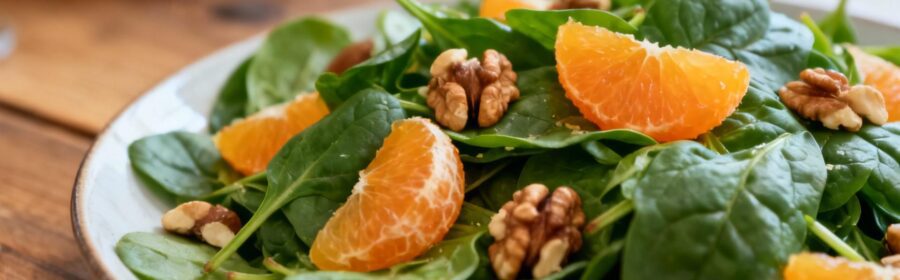 Salade d'épinards frais avec noix et tranches d'agrumes posée sur une table en bois, éclairage naturel