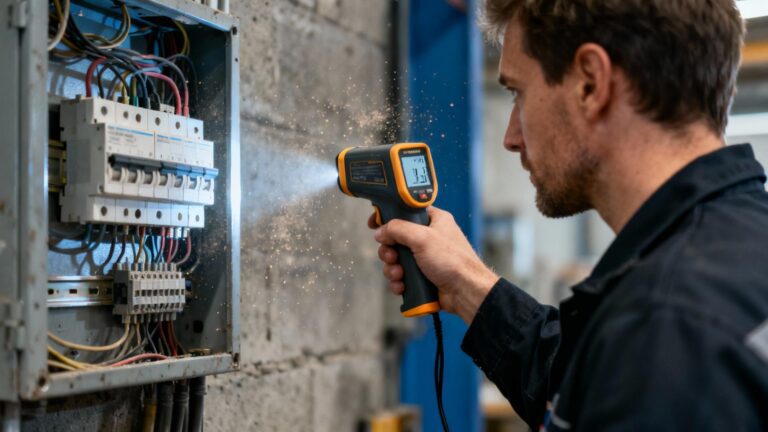 Technicien en train de mesurer la température d'un panneau électrique avec un thermomètre infrarouge professionnel