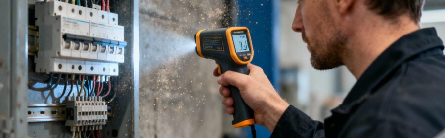 Technicien en train de mesurer la température d'un panneau électrique avec un thermomètre infrarouge professionnel