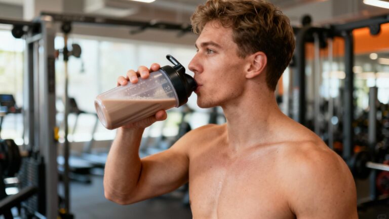 Athlète masculin buvant un shake protéiné dans une salle de sport moderne après une séance d'entraînement