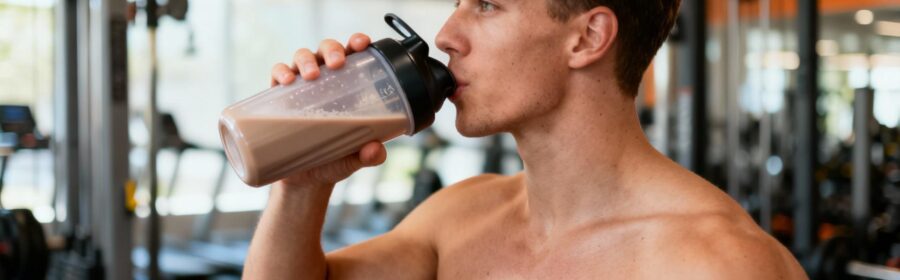 Athlète masculin buvant un shake protéiné dans une salle de sport moderne après une séance d'entraînement