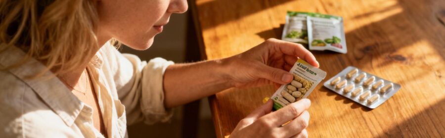 Femme européenne examinant des compléments alimentaires naturels posés sur une table en bois