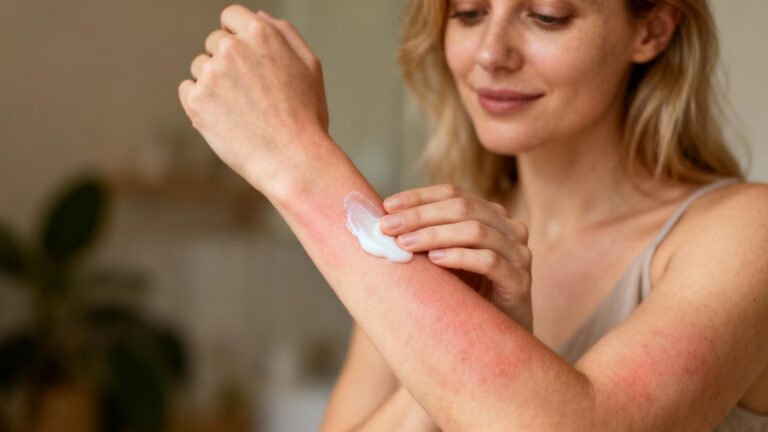 Femme européenne appliquant une crème hydratante sur son avant-bras présentant des plaques rouges d’eczéma