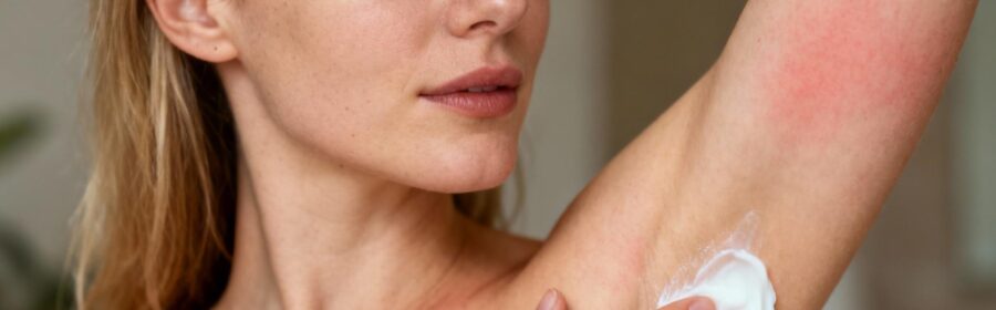 Jeune femme européenne appliquant délicatement une crème hypoallergénique sur une zone irritée sous l'aisselle