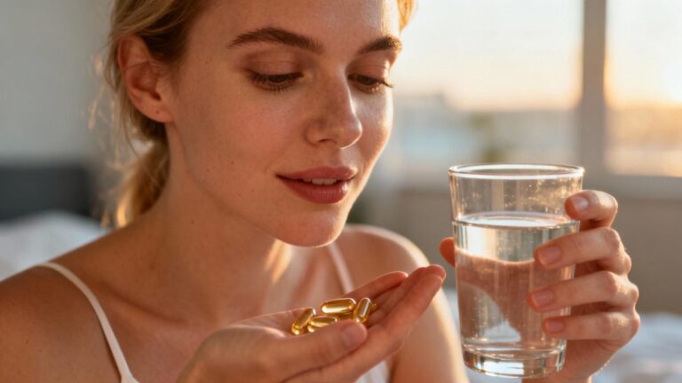 Jeune femme européenne prenant des capsules de complément alimentaire pour la peau avec un verre d'eau