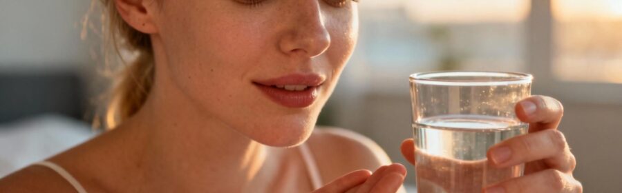 Jeune femme européenne prenant des capsules de complément alimentaire pour la peau avec un verre d'eau