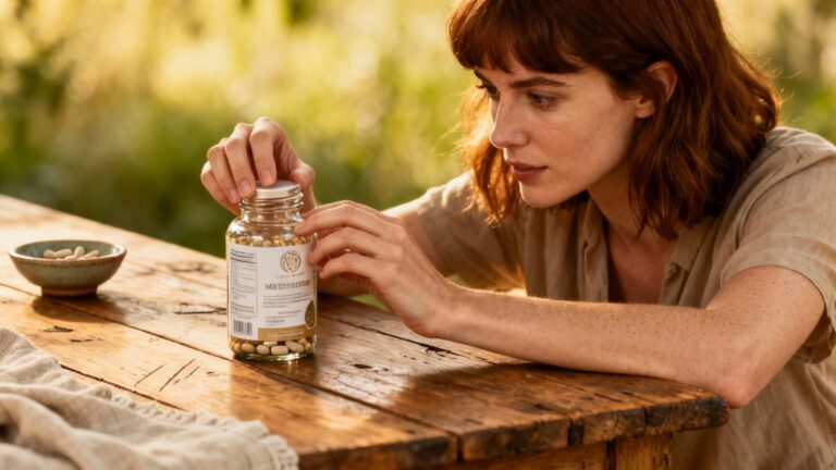 Femme européenne examinant des compléments alimentaires sur une table en bois avec lumière naturelle et détails réalistes