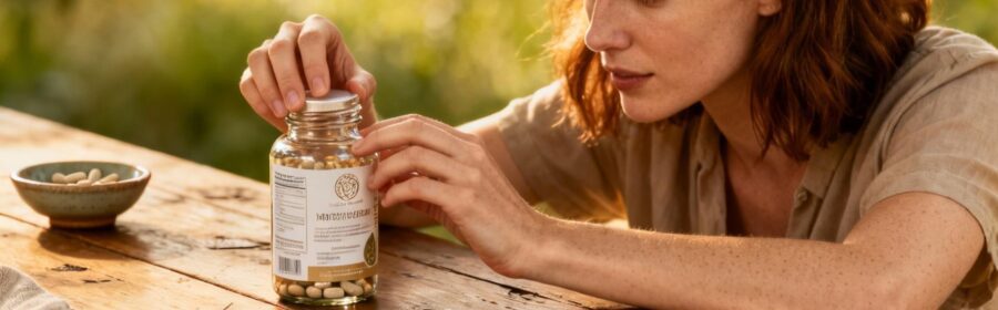 Femme européenne examinant des compléments alimentaires sur une table en bois avec lumière naturelle et détails réalistes