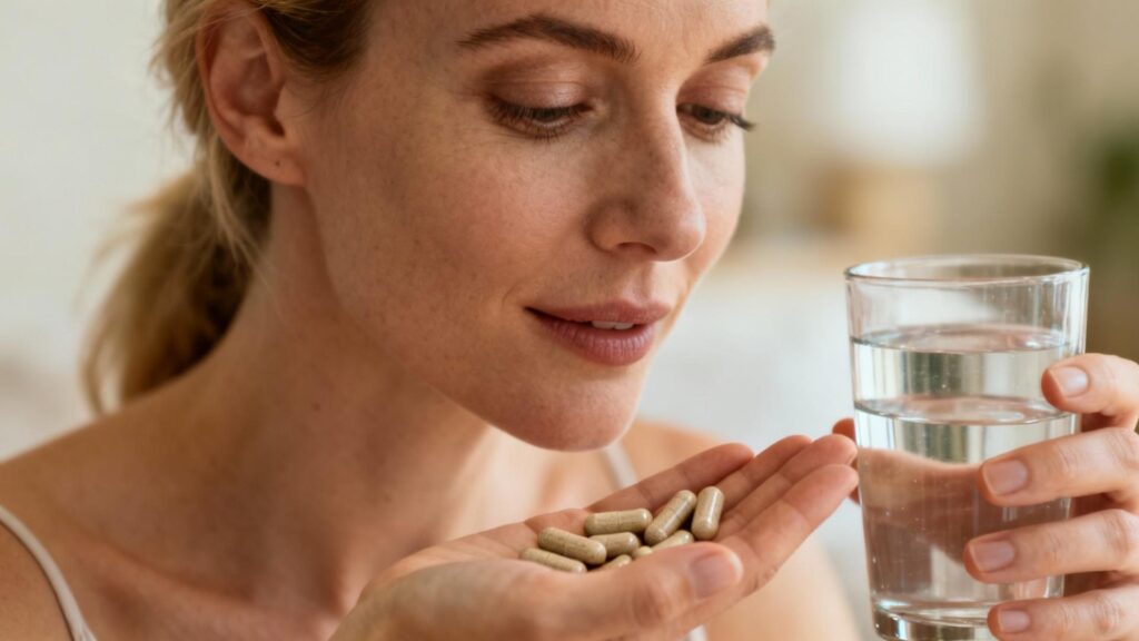 Jeune femme européenne prenant des gélules de compléments alimentaires avec un verre d'eau, éclairage naturel