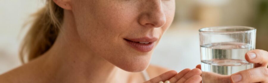 Jeune femme européenne prenant des gélules de compléments alimentaires avec un verre d'eau, éclairage naturel