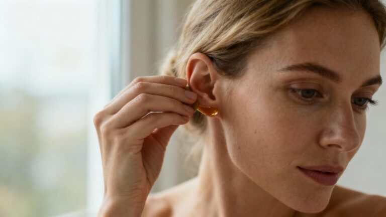 Femme appliquant délicatement un remède naturel sur son oreille avec une expression concentrée