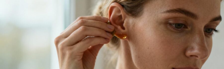 Femme appliquant délicatement un remède naturel sur son oreille avec une expression concentrée