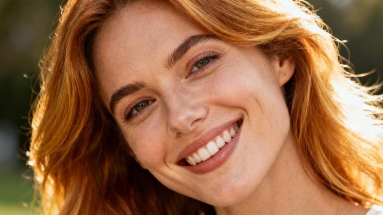 Jeune femme caucasienne souriante avec des cheveux sains et brillants, photographiée en mode portrait