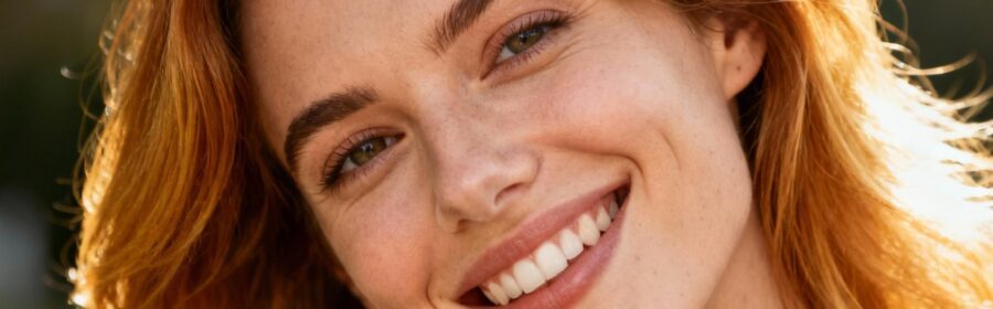 Jeune femme caucasienne souriante avec des cheveux sains et brillants, photographiée en mode portrait