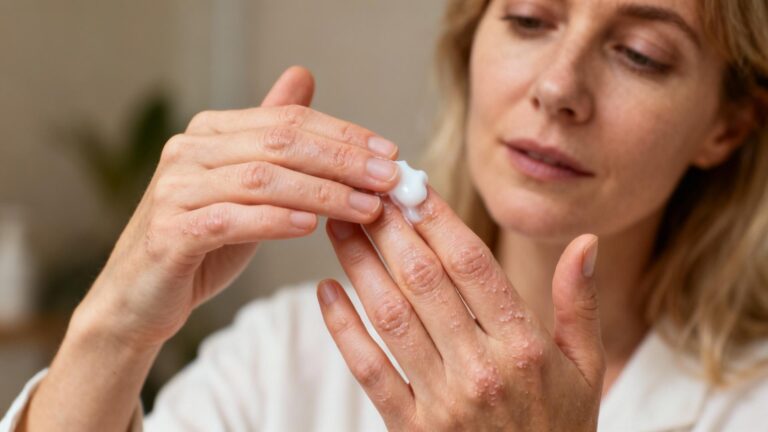 Femme européenne soignant un eczéma dyshidrose sur ses mains avec une crème hydratante, peau légèrement sèche