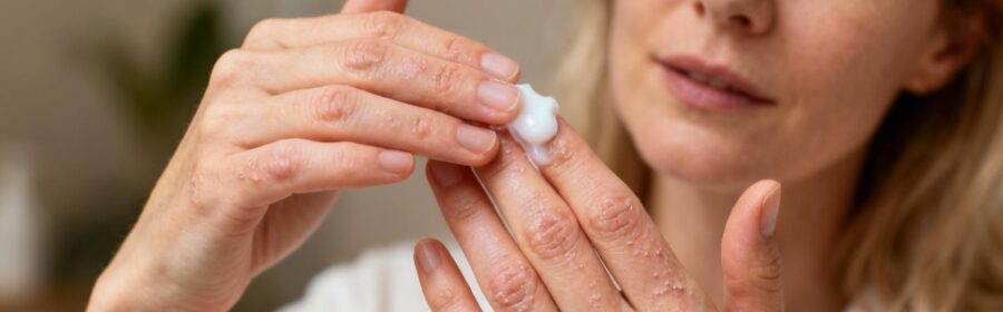 Femme européenne soignant un eczéma dyshidrose sur ses mains avec une crème hydratante, peau légèrement sèche