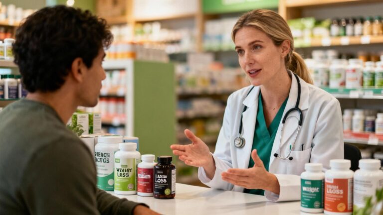 Nutritioniste européen discutant avec un client des compléments alimentaires pour la perte de poids dans une boutique moderne