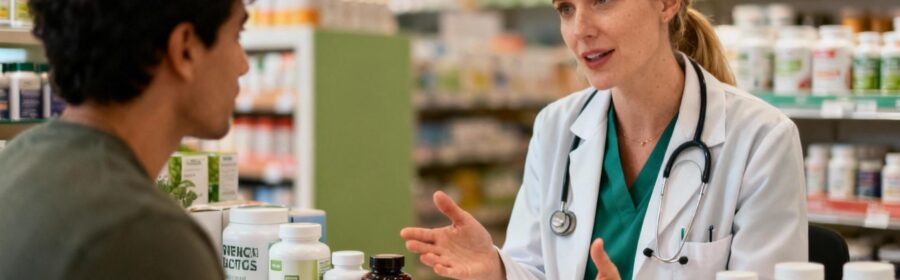 Nutritioniste européen discutant avec un client des compléments alimentaires pour la perte de poids dans une boutique moderne