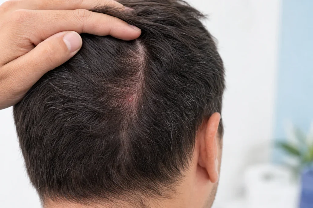 Close-up of a person gently parting their hair to show a mildly irritated scalp with a small bump.