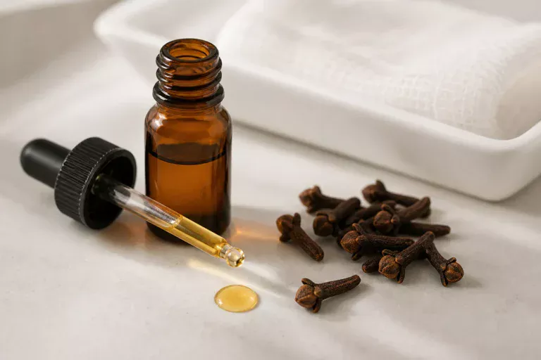 Amber bottle of clove essential oil with dried cloves on a clean wellness surface, suggesting cautious local use.