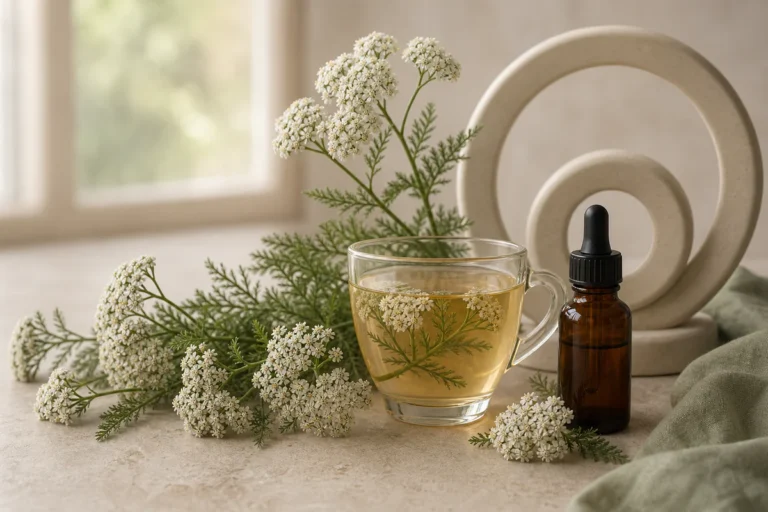 Achillée millefeuille en fleurs avec une infusion et un flacon de teinture dans une composition botanique sobre et naturelle.