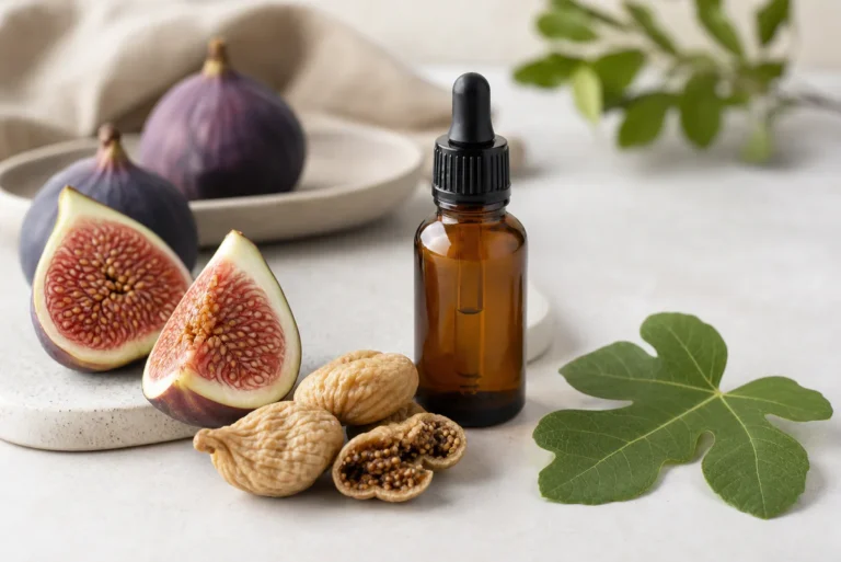 Fresh figs, dried figs, fig leaves and an amber dropper bottle arranged on a clean surface to illustrate different forms of F