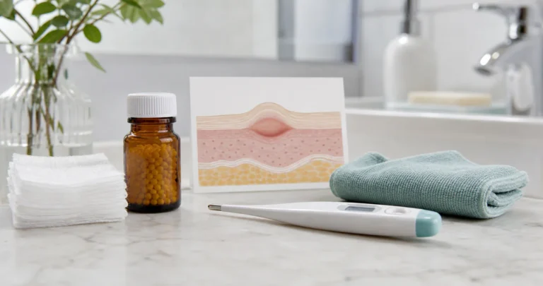 Sterile care items and a homeopathic granule bottle arranged on a clean medical-style countertop, symbolizing cautious suppor