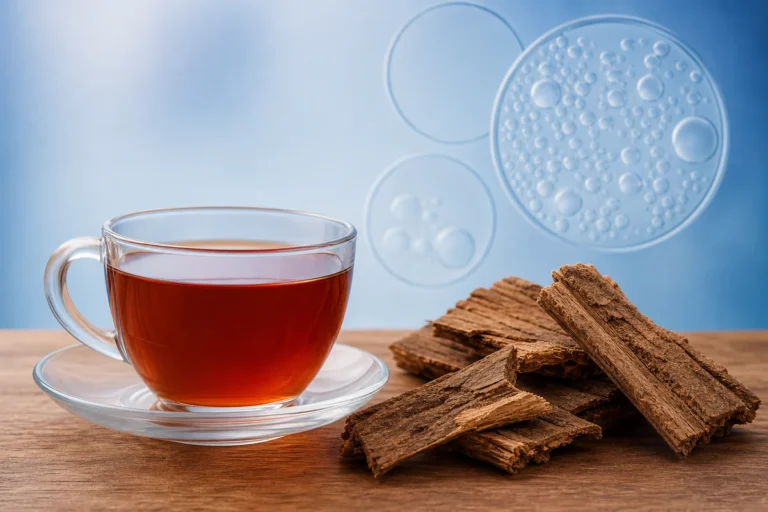 Cup of lapacho herbal tea with bark pieces and subtle abstract cardiovascular lipid symbols in the background.