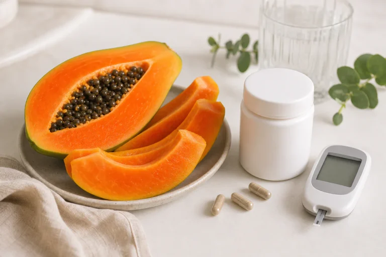 Papaya slices, supplement capsules, and a glucose meter arranged on a clean clinical surface to symbolize fermented papaya an
