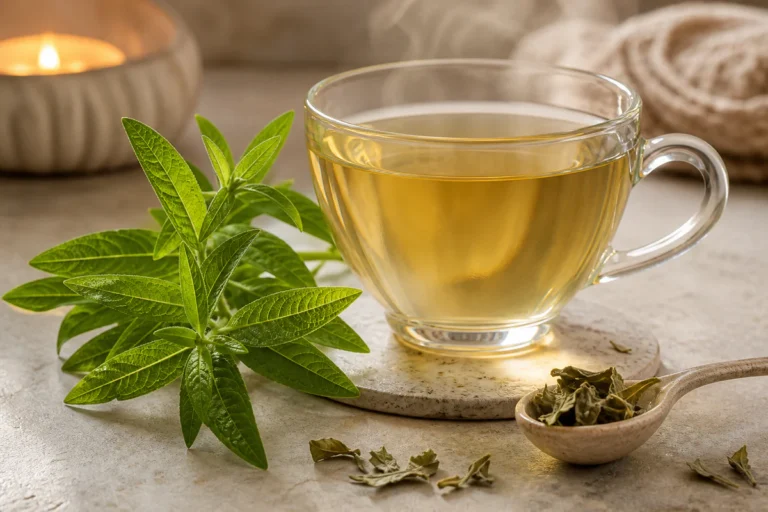 Fresh lemon verbena leaves and a warm herbal infusion arranged in a calm wellness setting.
